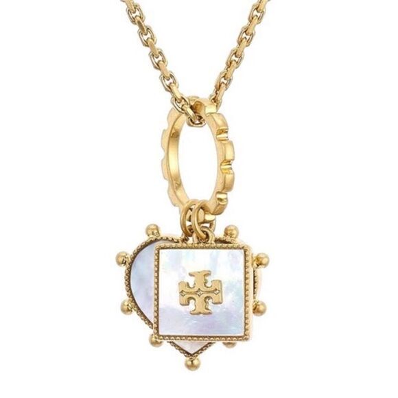 New Tory Burch Gold Mother Of Pearl Sqaure,Heart Necklace - Picture 3 of 10
